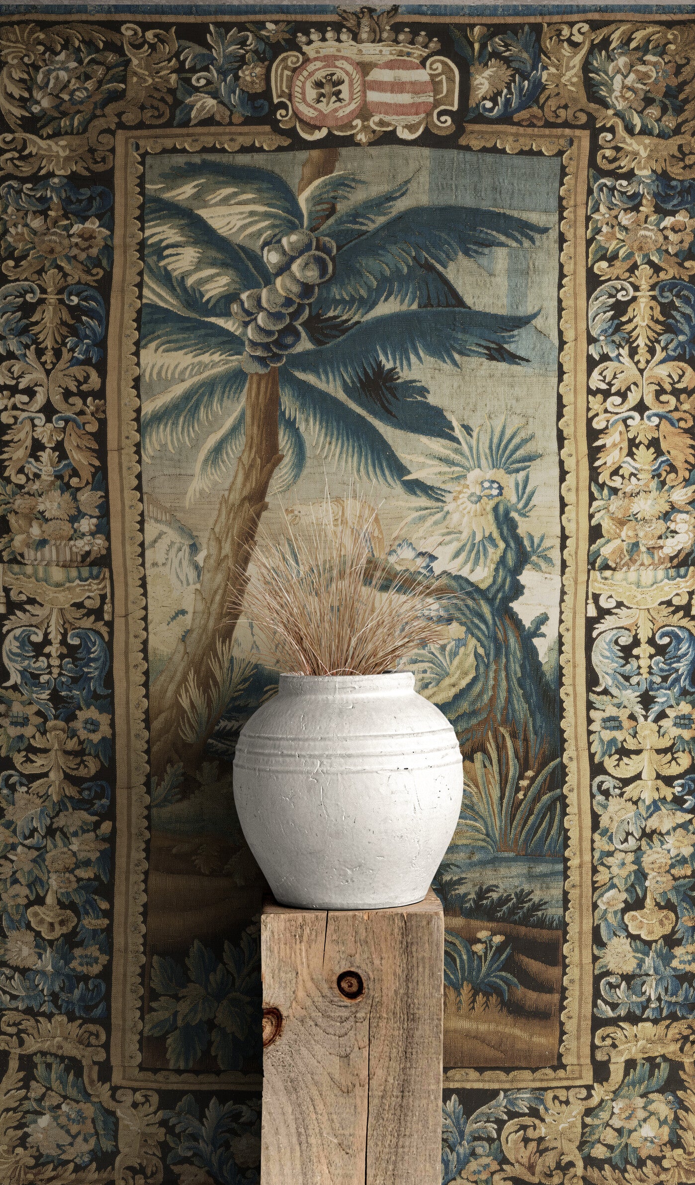 Exotic Verdure Tapestry with Heraldic Crest: 17th-Century Masterpiece of Nature and Nobility RE001825