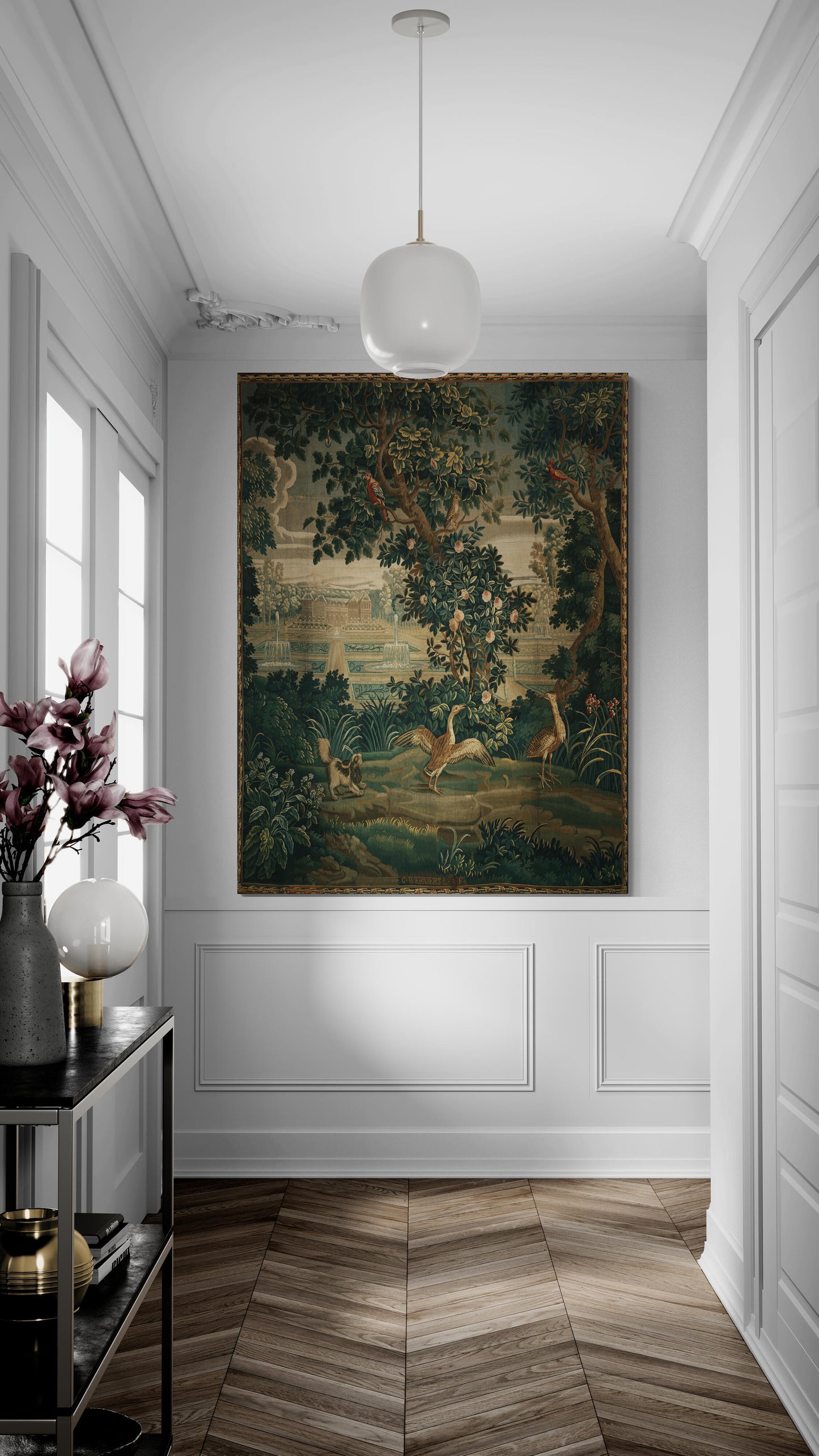 Verdure with Château and Garden: A Lush Wall Tapestry Fabric Print and Woven Option RE910029