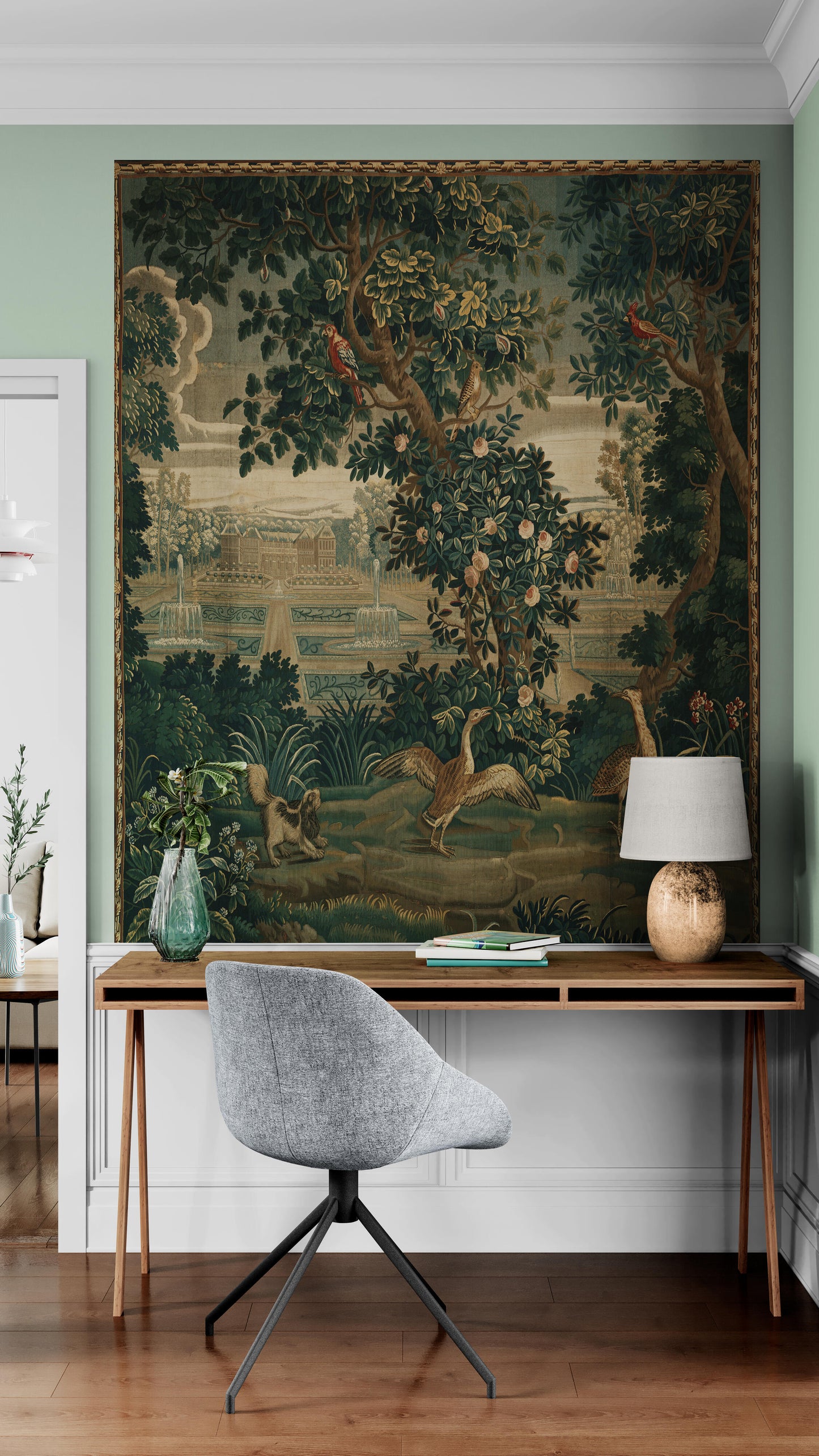 Verdure with Château and Garden: A Lush Wall Tapestry Fabric Print and Woven Option RE910029