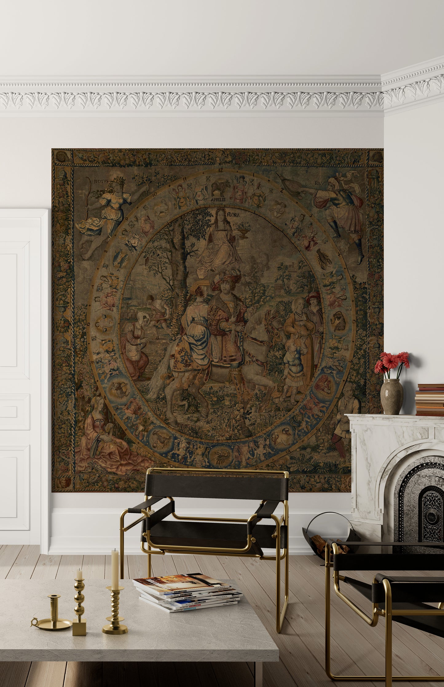 Renaissance ‘Spring’ Tapestry Reproduction – Flora, Zodiac, and Bucolic Elegance Woven Into Timeless Art RE460988