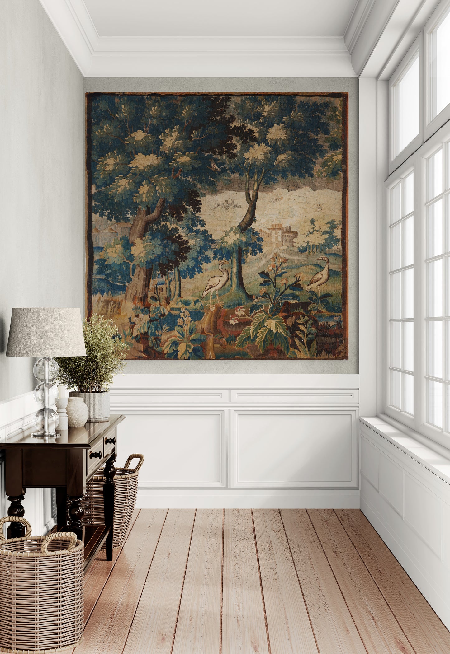 17th-Century Verdure Tapestry Reproduction – Pastoral Elegance with Cranes, Trees, and Idyllic Landscapes RE817251