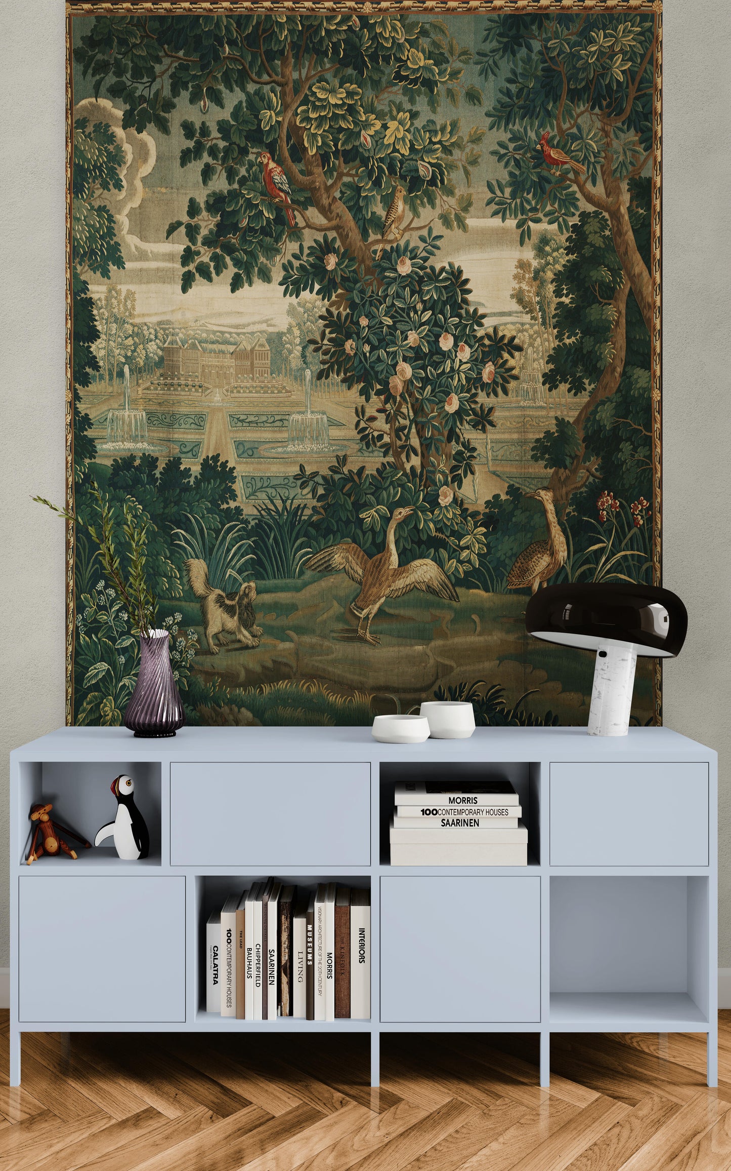 Verdure with Château and Garden: A Lush Wall Tapestry Fabric Print and Woven Option RE910029