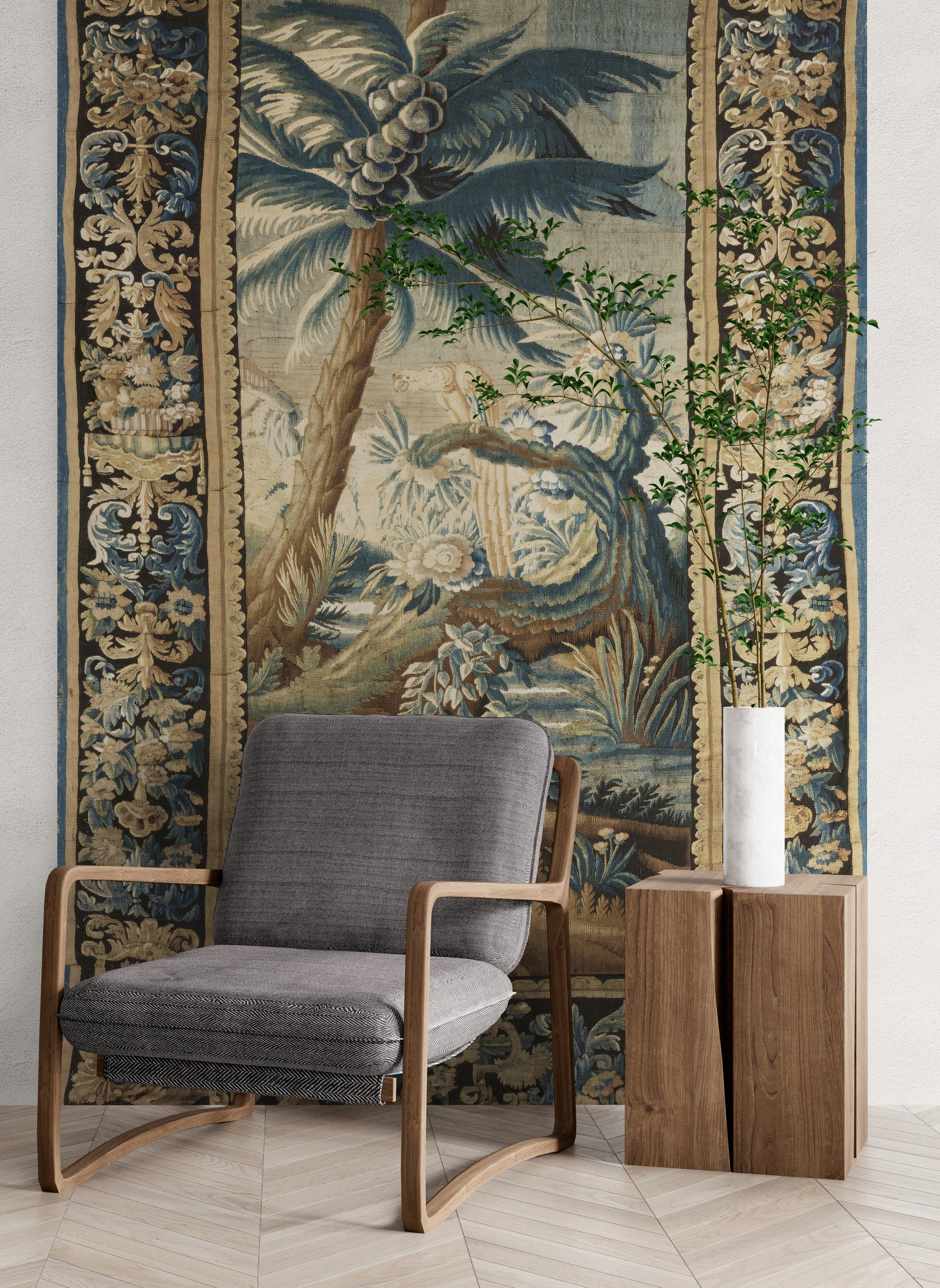 Exotic Verdure Tapestry with Heraldic Crest: 17th-Century Masterpiece of Nature and Nobility RE001825