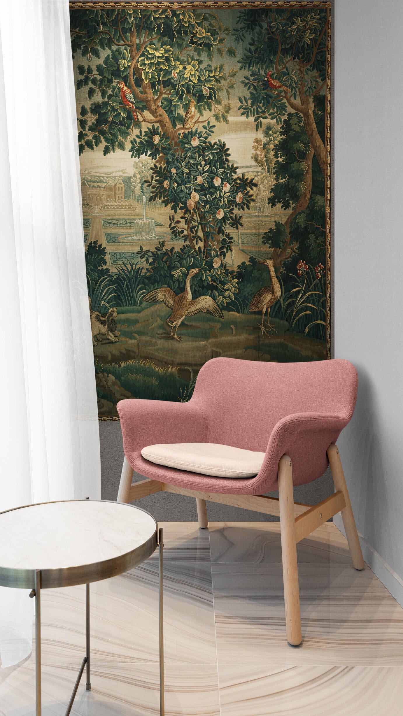 Verdure with Château and Garden: A Lush Wall Tapestry Fabric Print and Woven Option RE910029