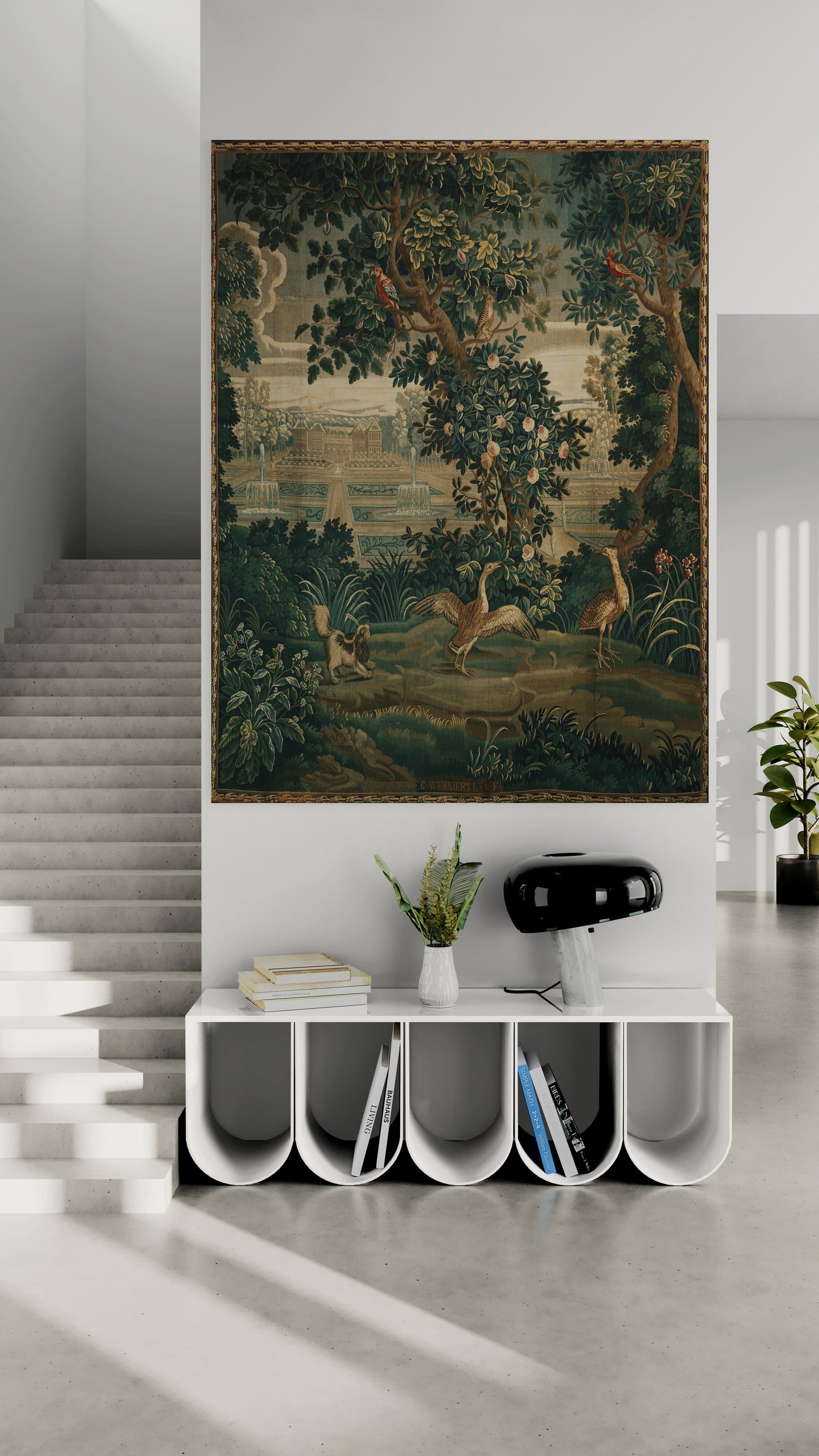 Verdure with Château and Garden: A Lush Wall Tapestry Fabric Print and Woven Option RE910029