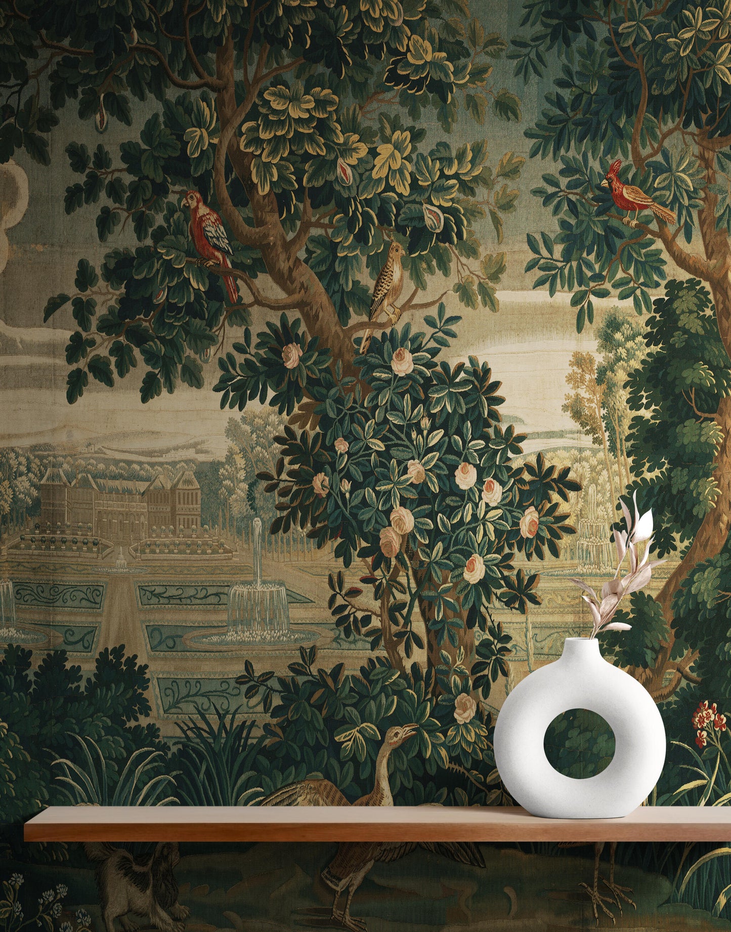 Verdure with Château and Garden: A Lush Wall Tapestry Fabric Print and Woven Option RE910029