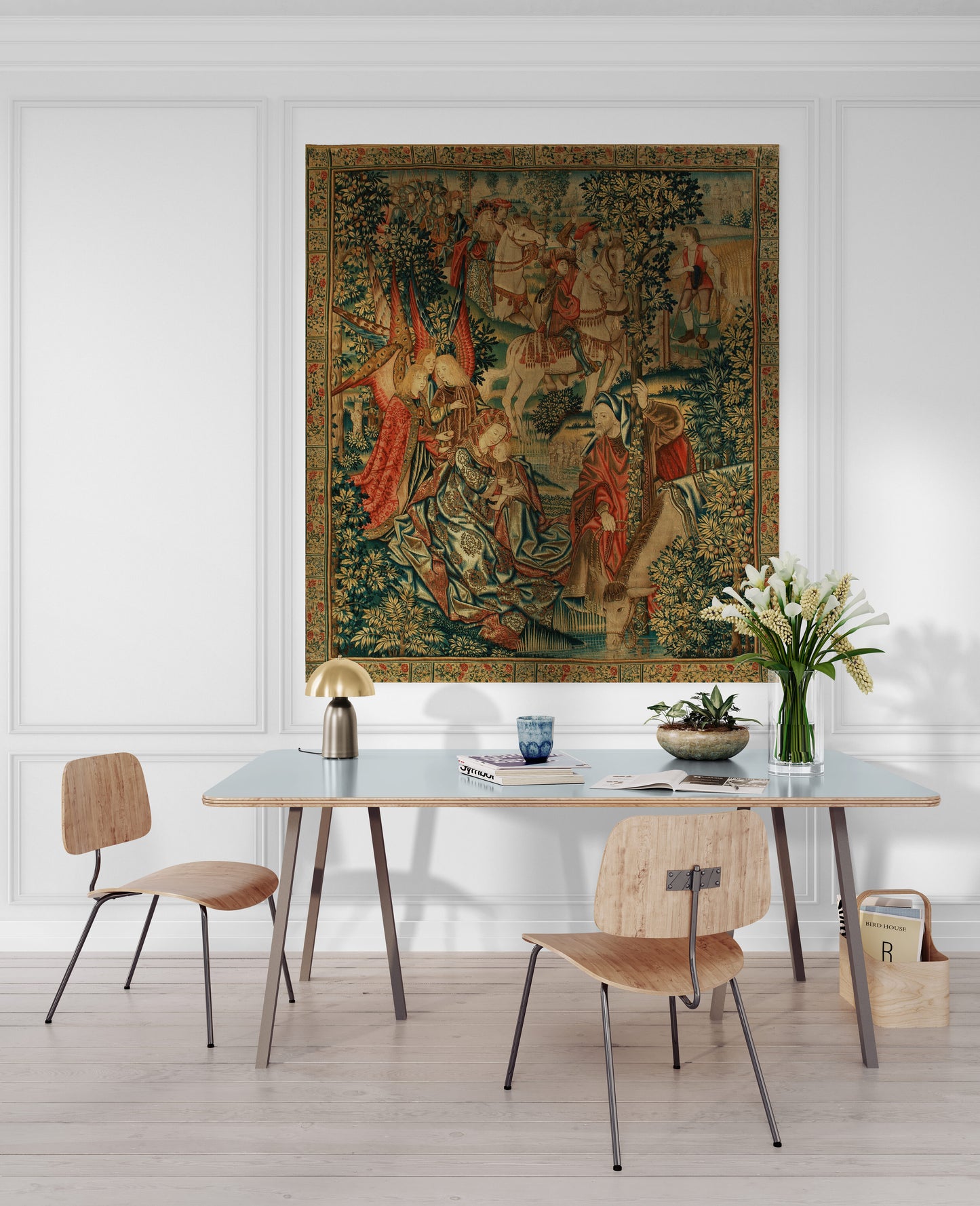 Classic 15th Century Flemish Tapestry Depicting The Flight into Egypt with Richly Detailed Biblical Scene and Ornamental Border RE167719