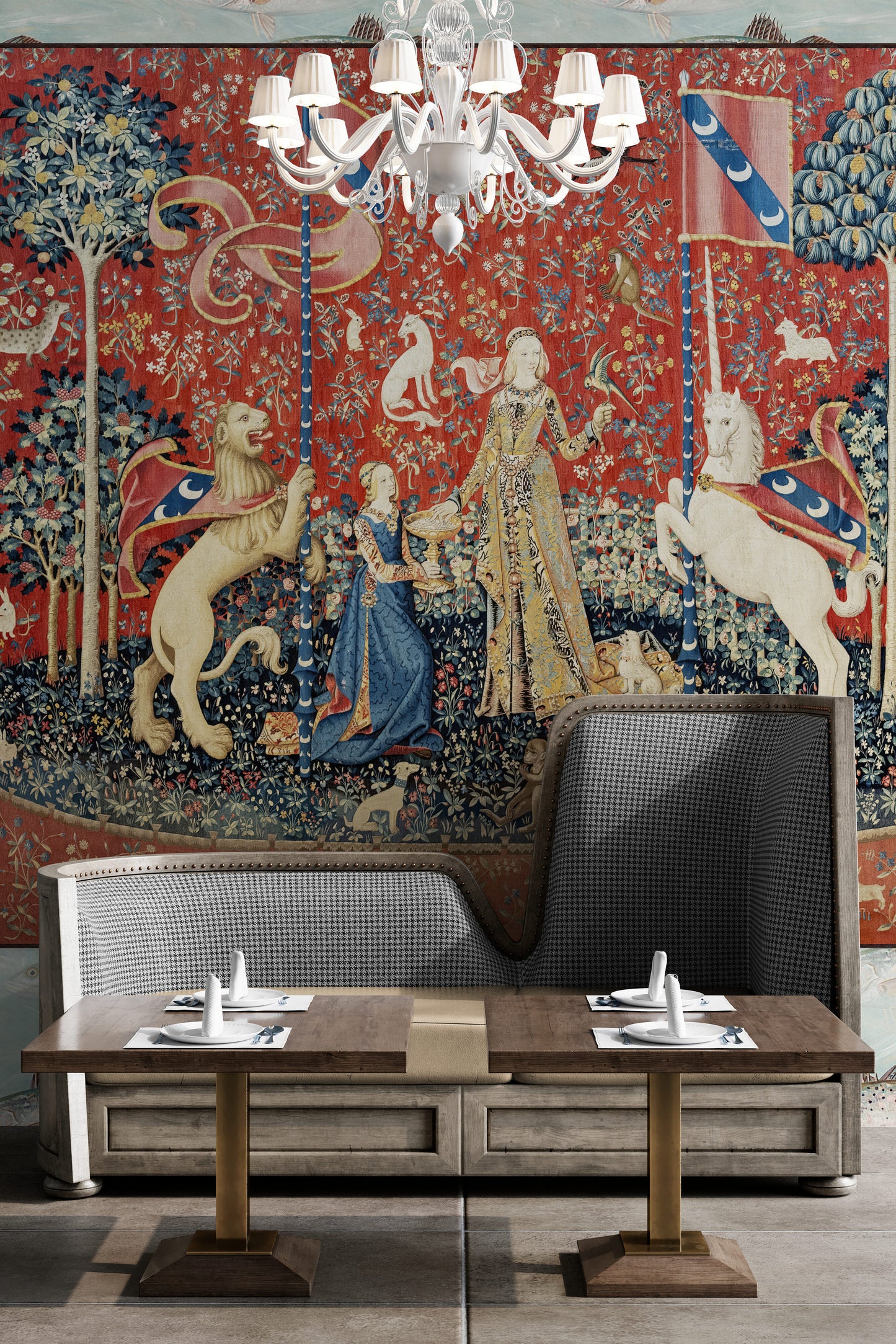 A True Renaissances: Medieval Tapestry Reproduction Fabric Print or Woven Tapestry Option  Lady and the Unicorn "Taste" RE623687