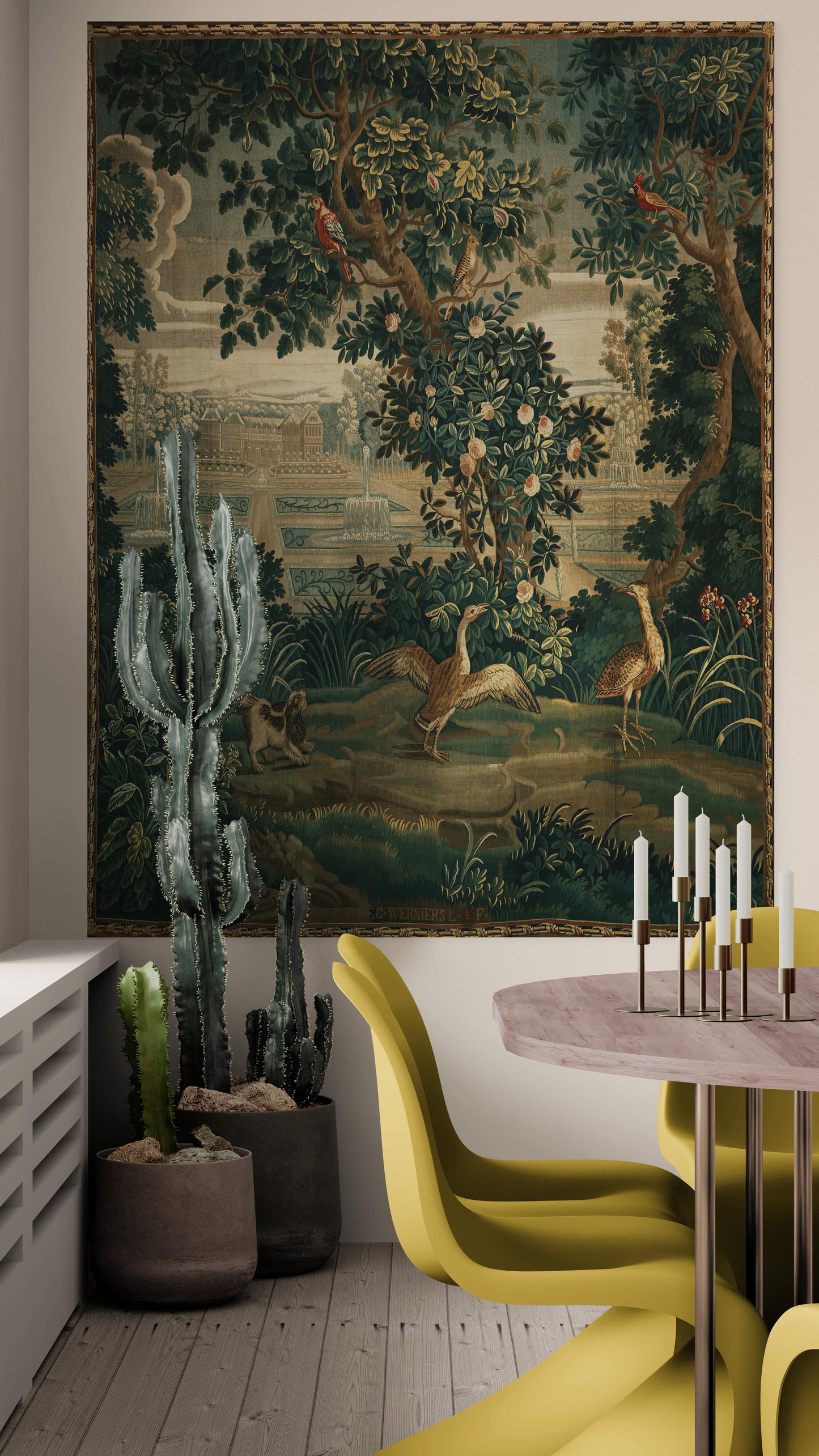 Verdure with Château and Garden: A Lush Wall Tapestry Fabric Print and Woven Option RE910029