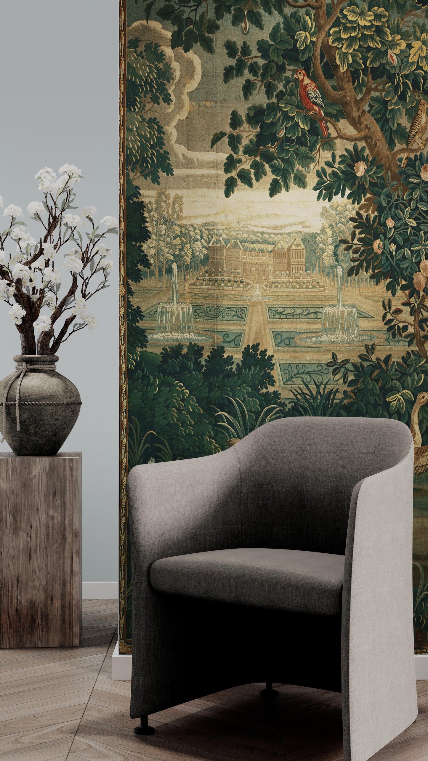 Verdure with Château and Garden: A Lush Wall Tapestry Fabric Print and Woven Option RE910029