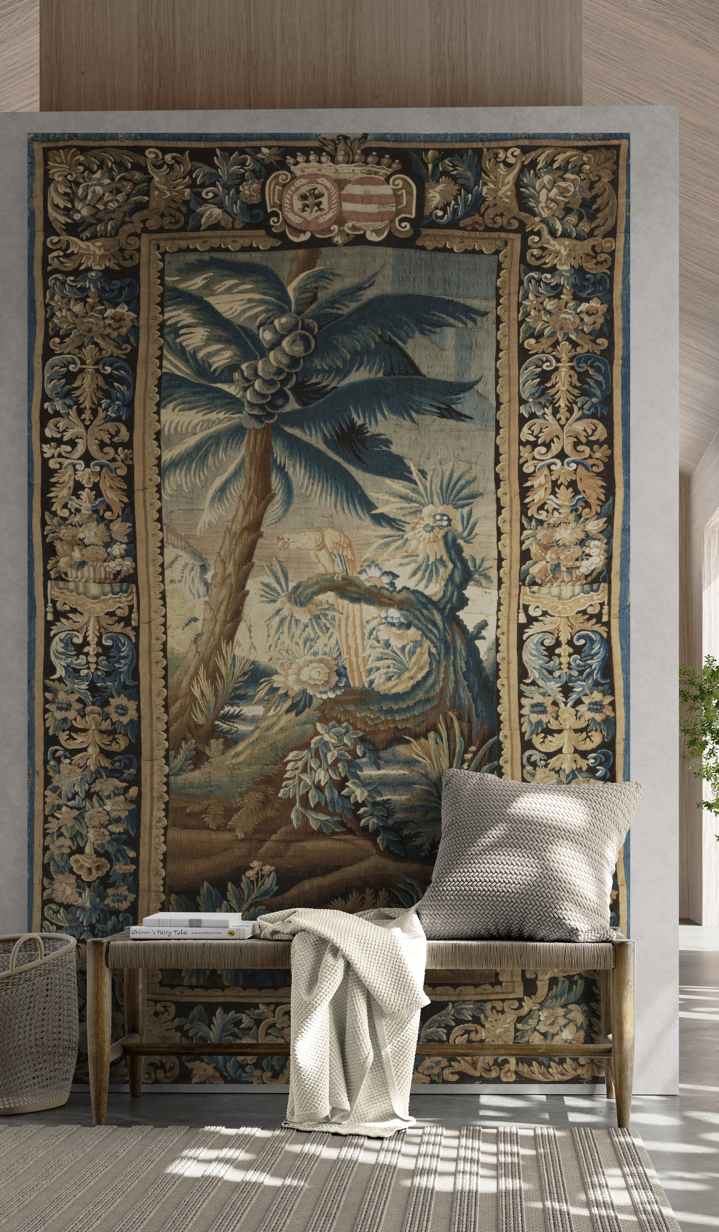 Exotic Verdure Tapestry with Heraldic Crest: 17th-Century Masterpiece of Nature and Nobility RE001825