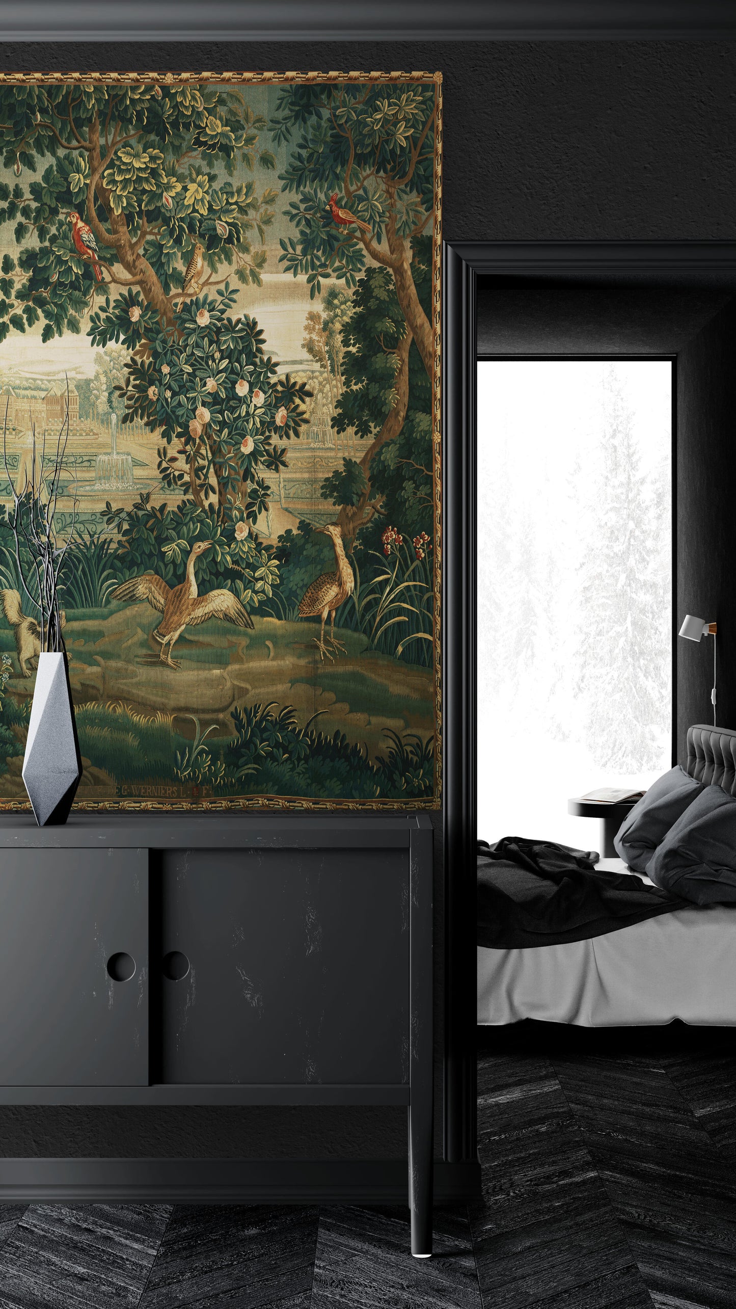 Verdure with Château and Garden: A Lush Wall Tapestry Fabric Print and Woven Option RE910029