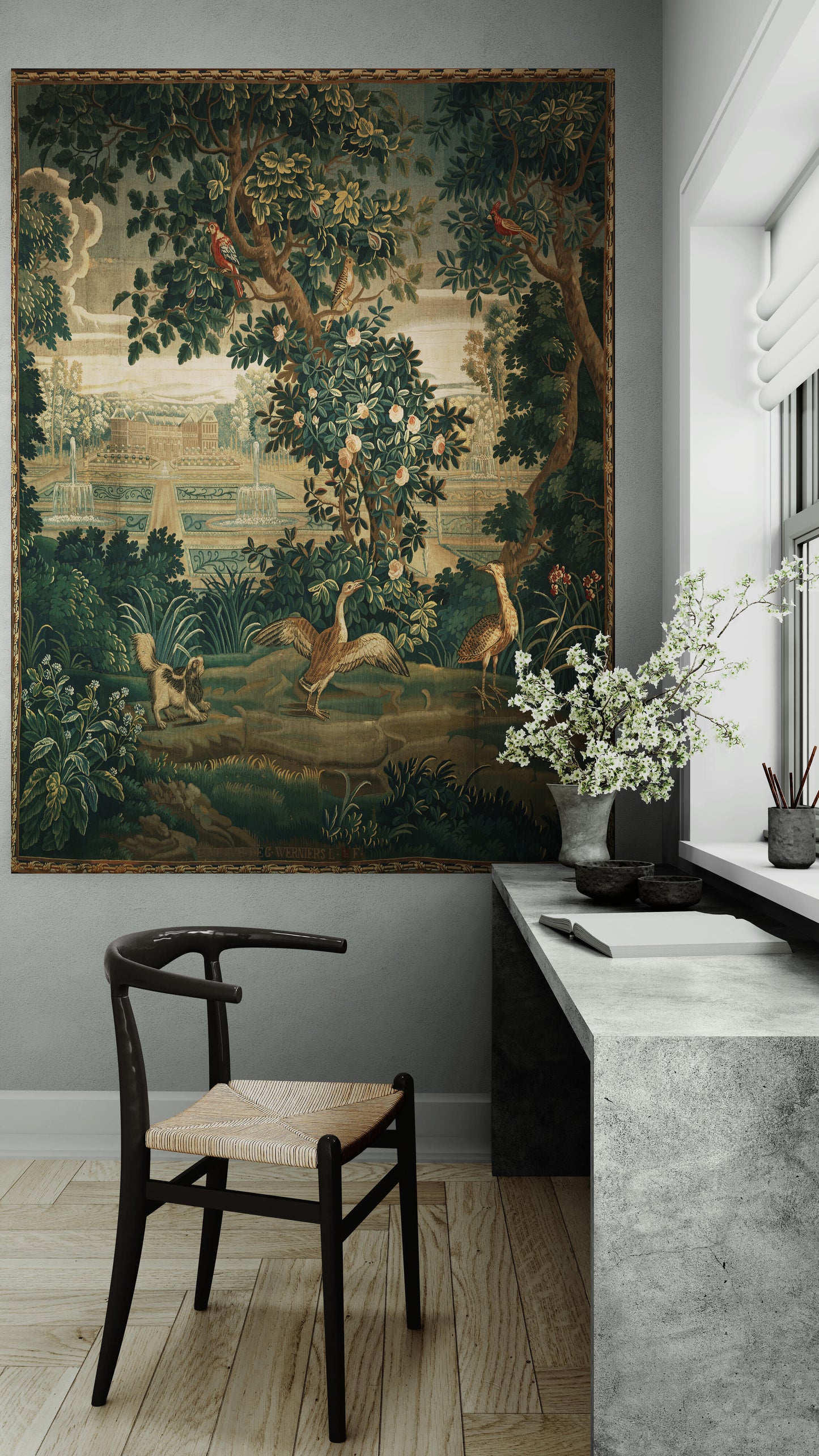 Verdure with Château and Garden: A Lush Wall Tapestry Fabric Print and Woven Option RE910029