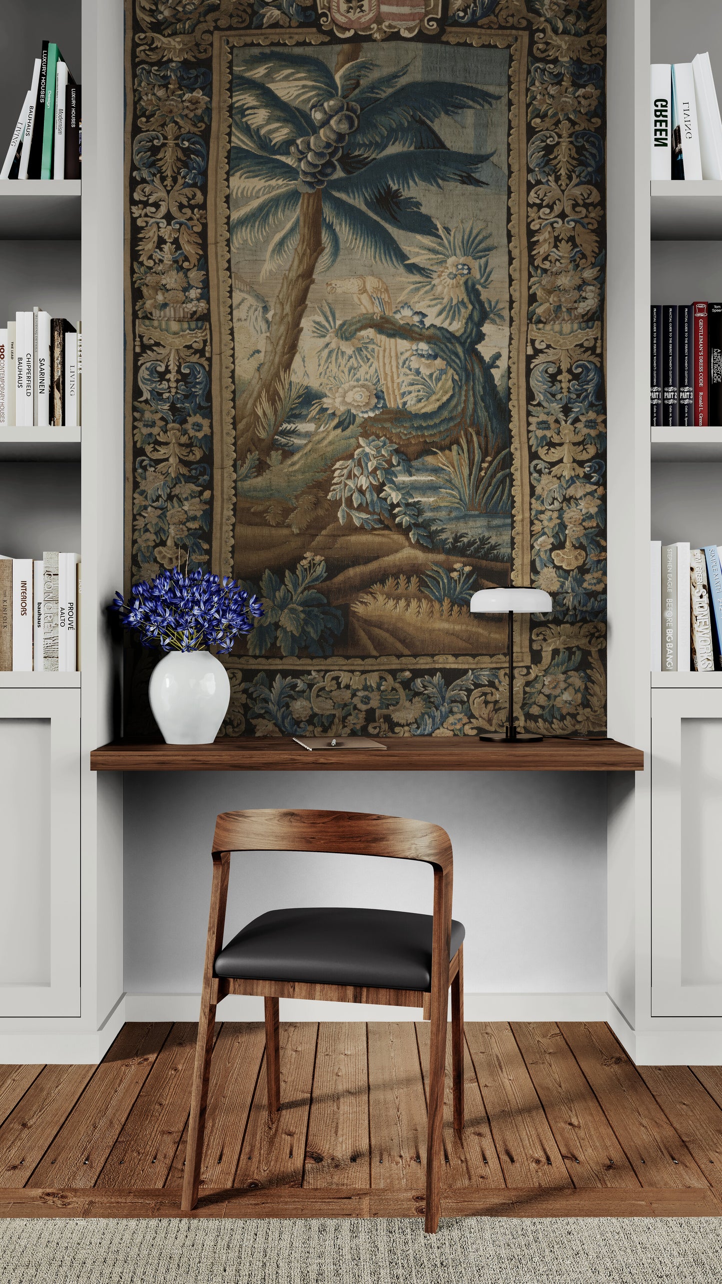 Exotic Verdure Tapestry with Heraldic Crest: 17th-Century Masterpiece of Nature and Nobility RE001825