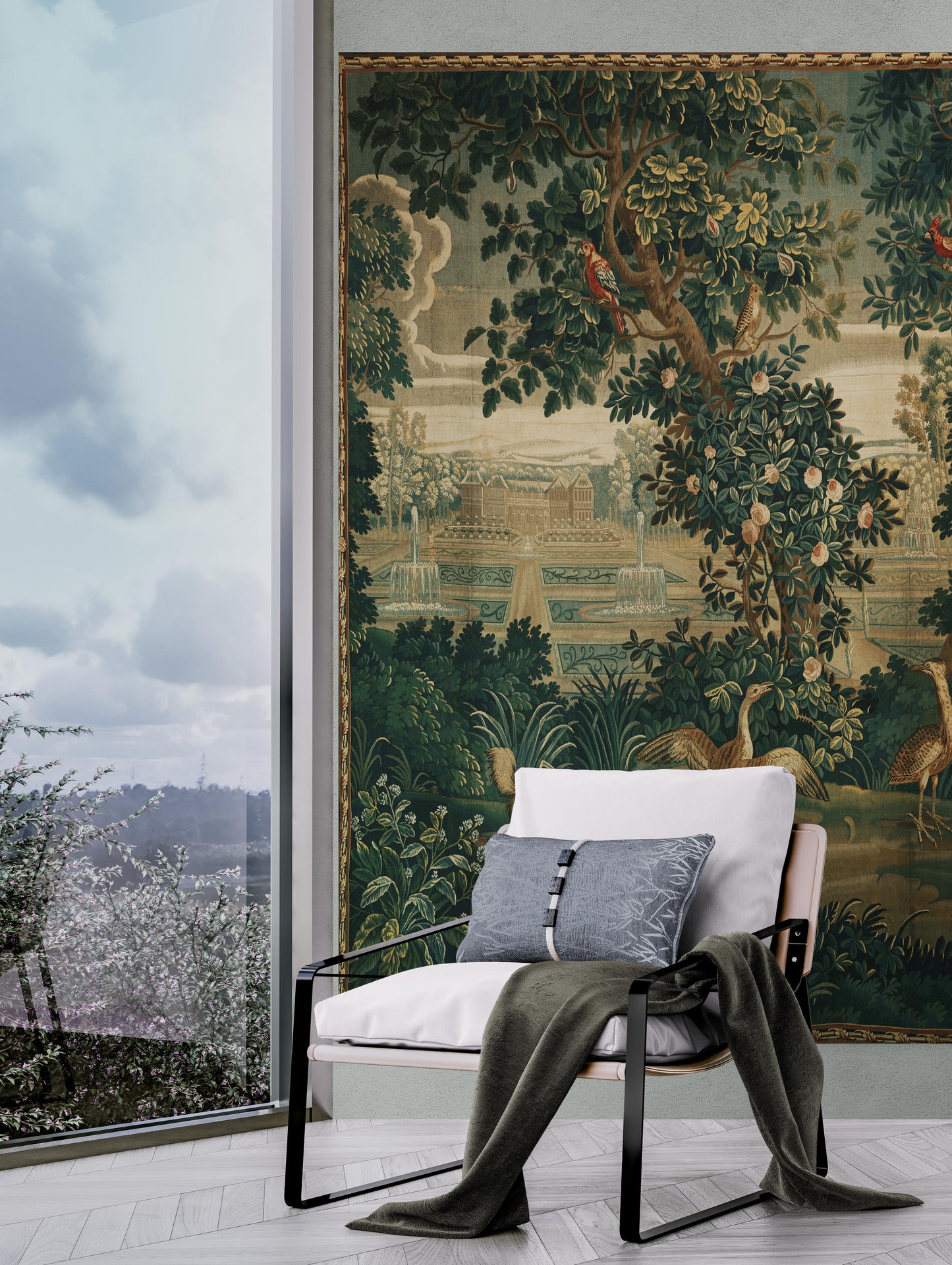 Verdure with Château and Garden: A Lush Wall Tapestry Fabric Print and Woven Option RE910029