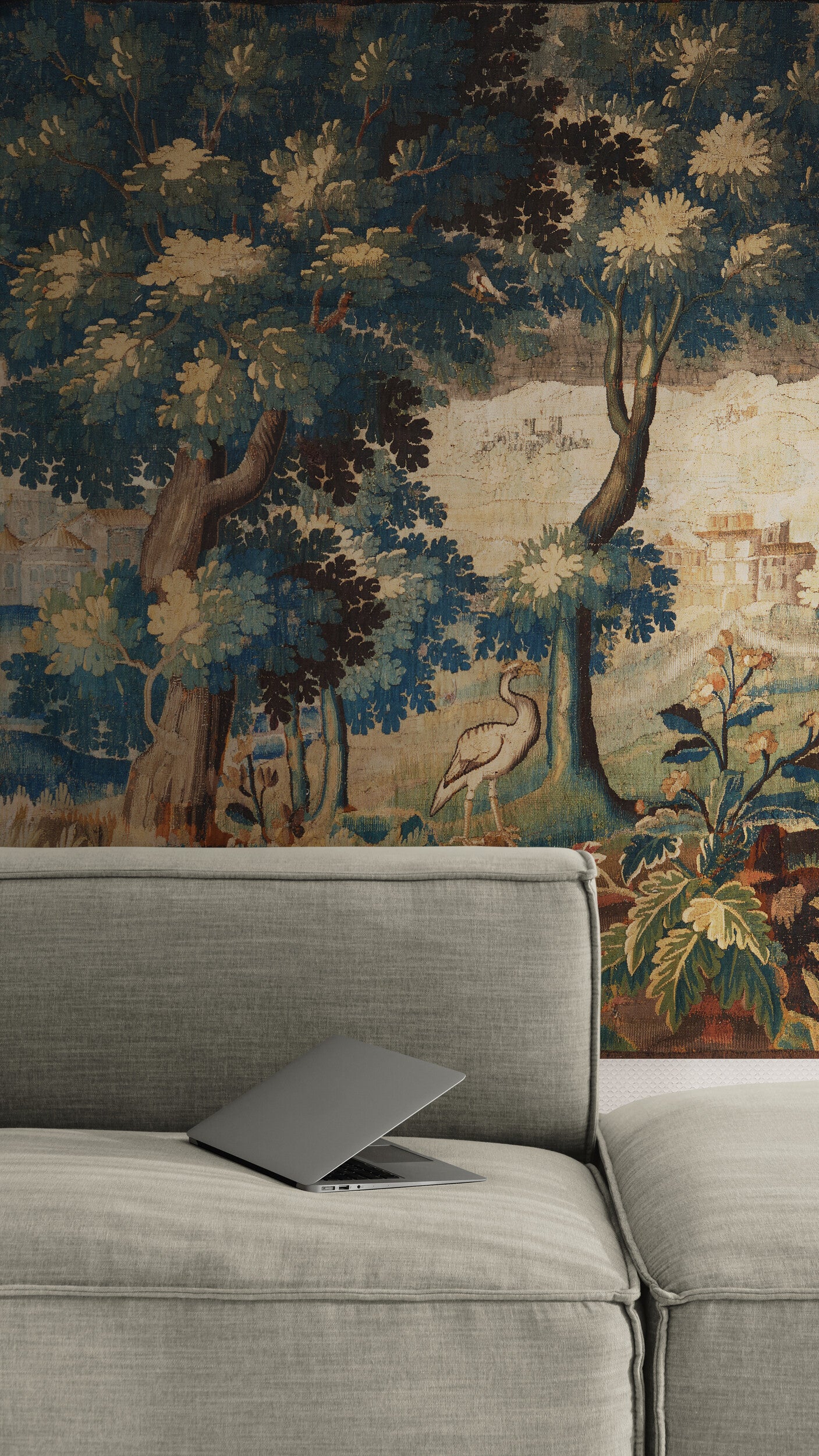 17th-Century Verdure Tapestry Reproduction – Pastoral Elegance with Cranes, Trees, and Idyllic Landscapes RE817251