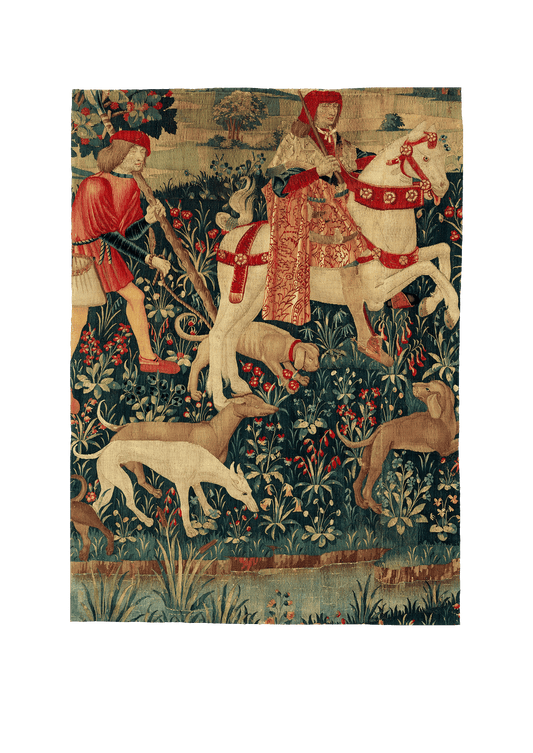 Medieval Millefleur Hunting Scene Tapestry - Luxurious Wall Hanging Reproduction in Cotton-Linen, Polycotton, and Vegan-Friendly Fabrics RE667112