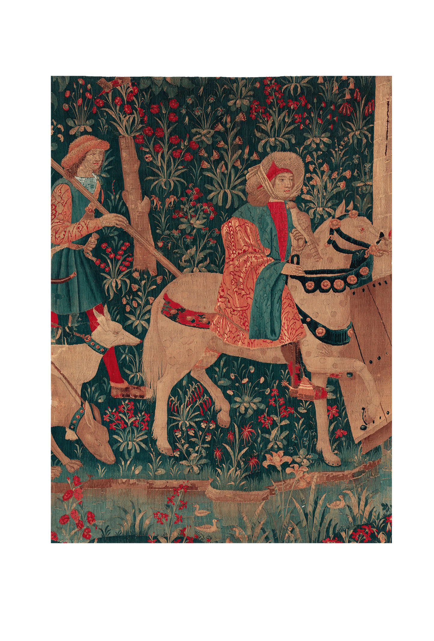 Exquisite Medieval Millefleur Hunting Scene Tapestry Reproduction - Eco-Friendly Cotton-Linen & Synthetic Microfiber Wall Hanging RE862474