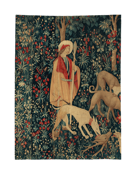 Exquisite Medieval Millefleur Tapestry - Noble Hunter with Hounds - Reproduction on Premium Fabric RE931838