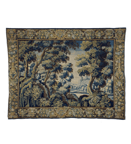 Autumn's Whisper: 18th Century Verdure Tapestry with Lush Foliage and Scenic Vista RE278072