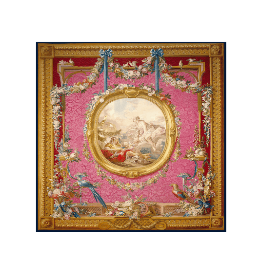 RE466185 Exquisite Rococo-Style Tapestry Reproduction - Vibrant Floral Festooned Cartouche with Mythological Scene - 18th Century French Wall Art