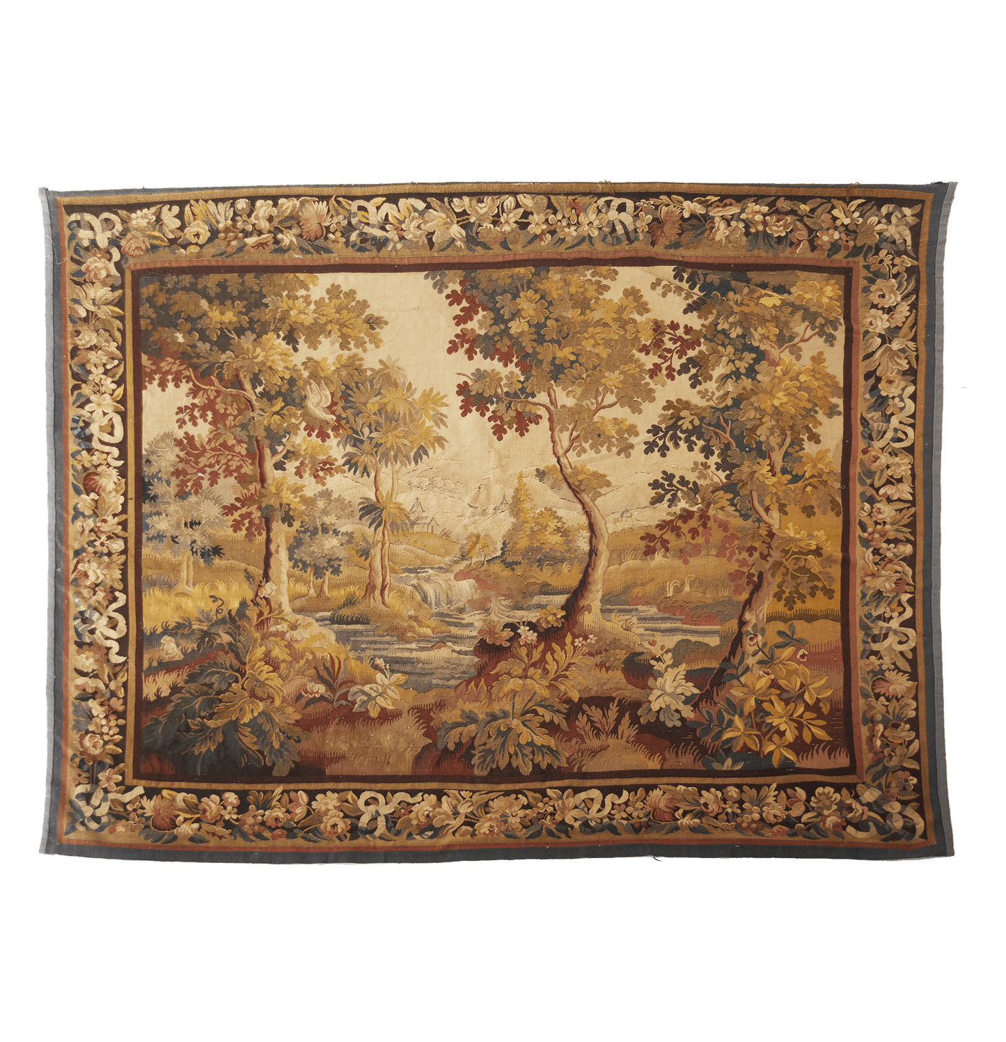 Autumn Warm 18th Century Verdure Tapestry with Serene Woodland Landscape and Flowing Stream RE546503