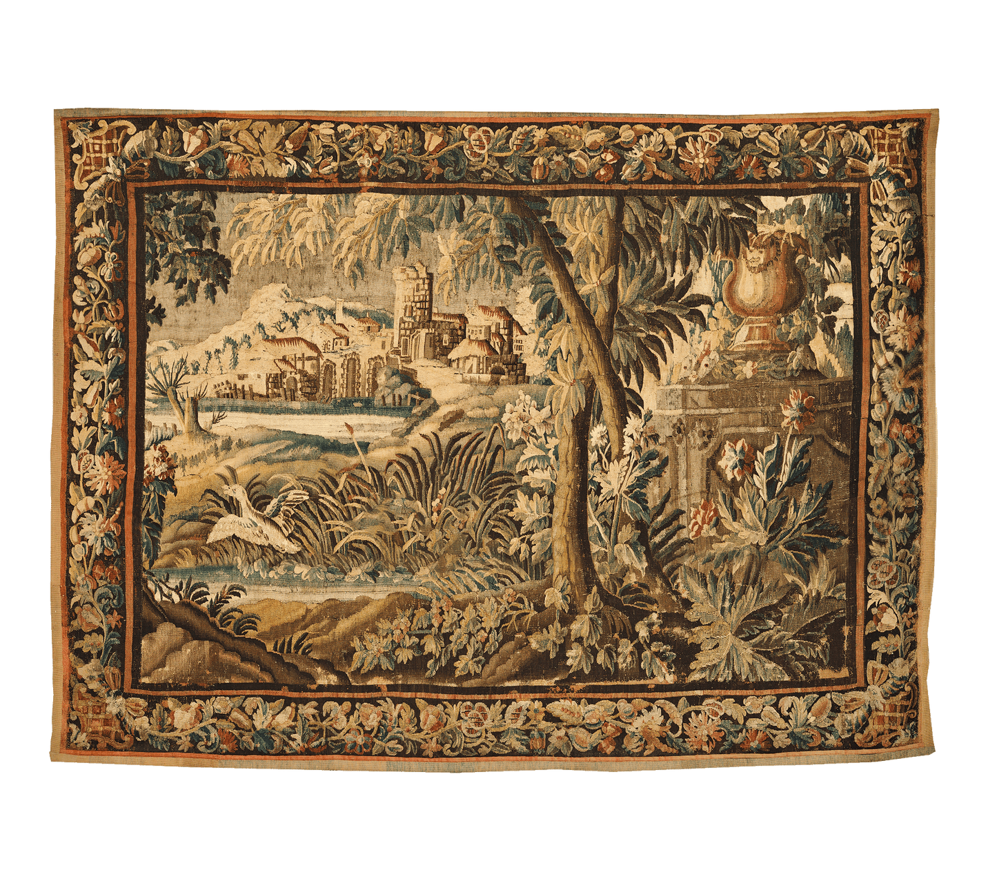 18th Century Chinoiserie Verdure Tapestry Featuring Idyllic Landscape with Castle and Exotic Birds