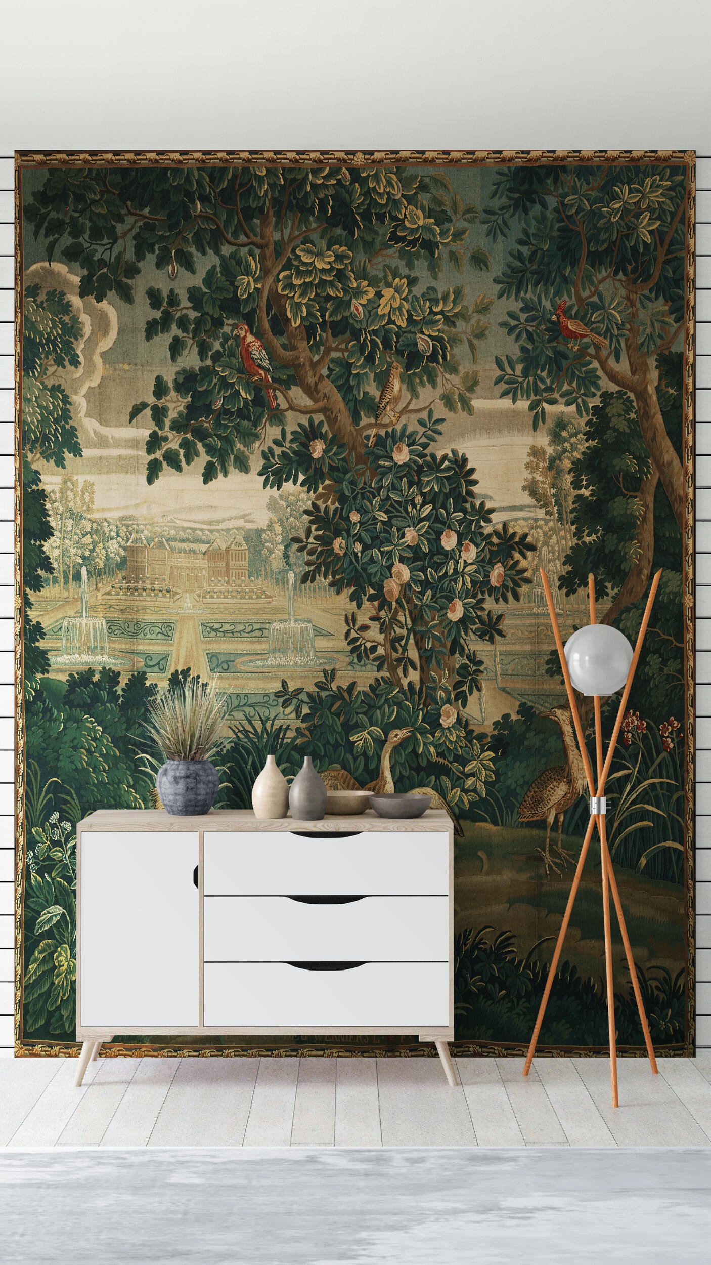 Verdure with Château and Garden: A Lush Wall Tapestry Fabric Print and Woven Option RE910029