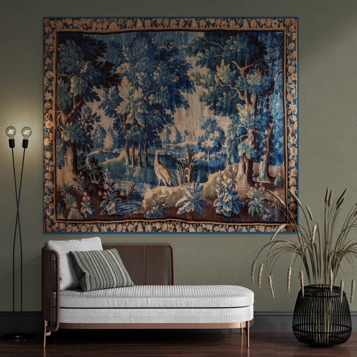 Beautiful Elegant Golden Copper and Prussian Blues Verdure Tapestry Fabric Print and Woven Tapestry Option of Your Choice RE971559