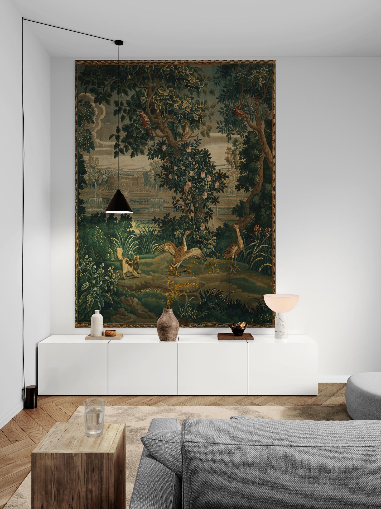 Verdure with Château and Garden: A Lush Wall Tapestry Fabric Print and Woven Option RE910029