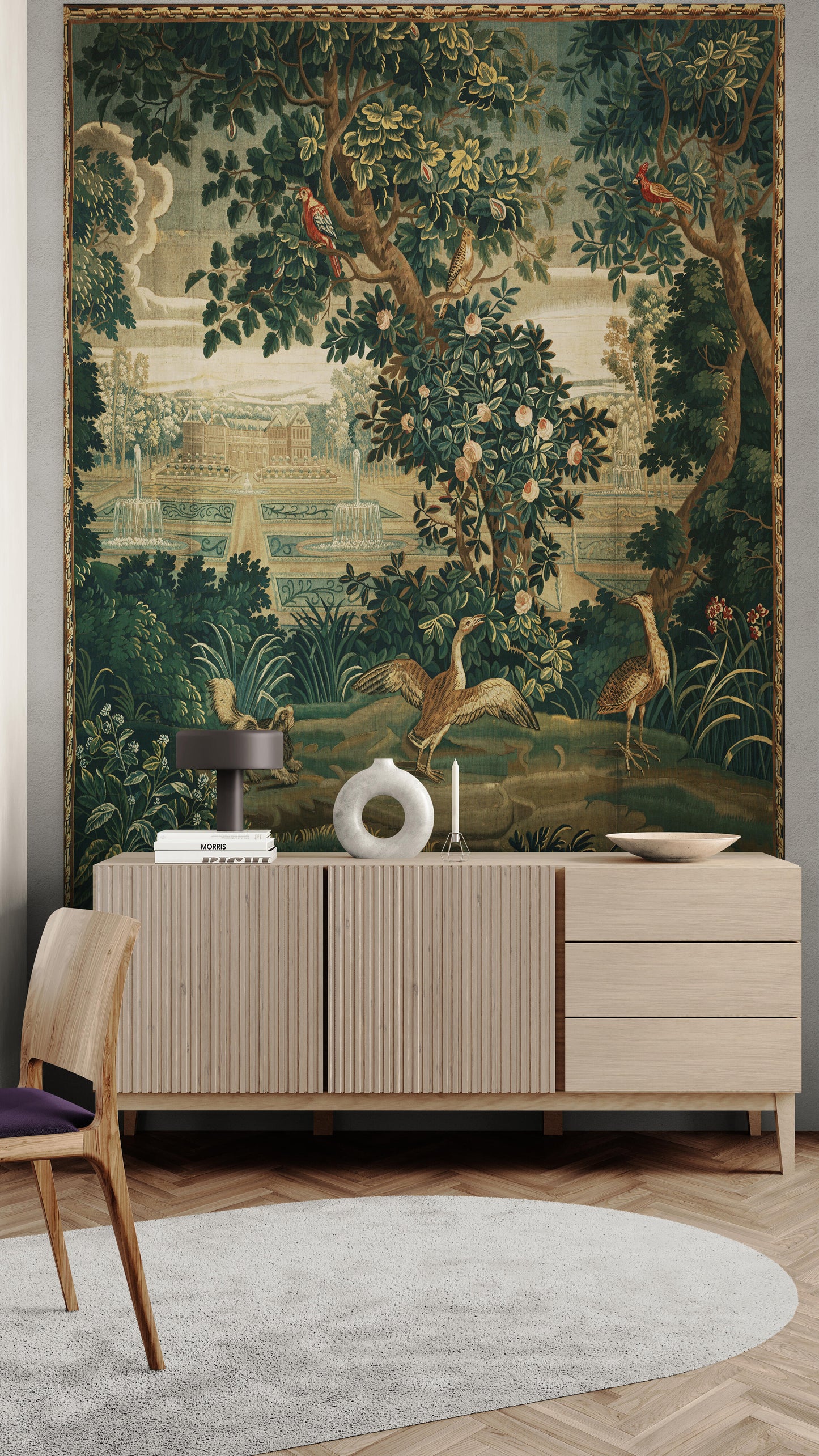 Verdure with Château and Garden: A Lush Wall Tapestry Fabric Print and Woven Option RE910029