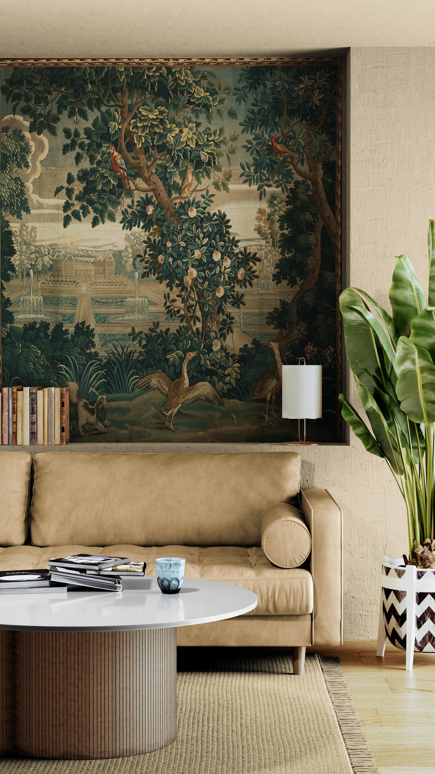 Verdure with Château and Garden: A Lush Wall Tapestry Fabric Print and Woven Option RE910029