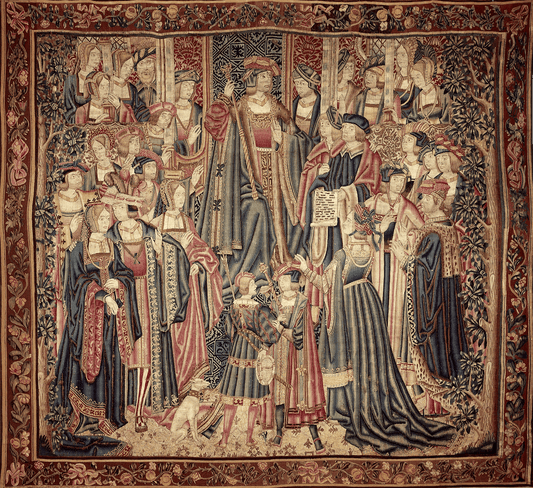 Grand Medieval Court Tapestry: Exquisite Woven Scene of Nobility, Ceremony, and Power – Perfect for Elevating Home Décor with Timeless Elegance RE004174