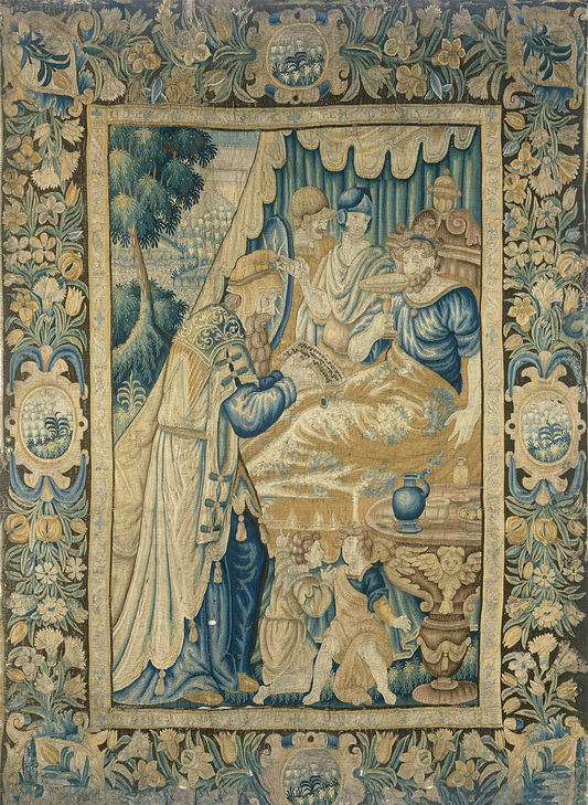 17th Century Flemish Tapestry Reproduction: The Healing of a King in Rich Verdure Surroundings