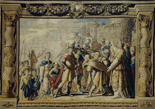 Sumptuous Renaissance Royal Court Tapestry: A Grand Historical Scene of Diplomacy and Nobility with Intricate Architectural Borders – Masterfully Woven for Timeless Elegance RE059144