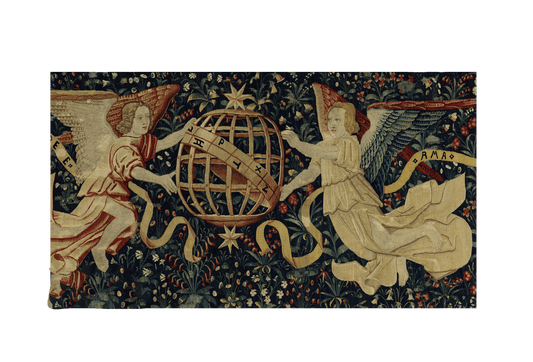 15th Century Majestic Verdure Tapestry Reproduction: Renaissance-Inspired Armillary Sphere with Celestial Angels in Floral Surroundings