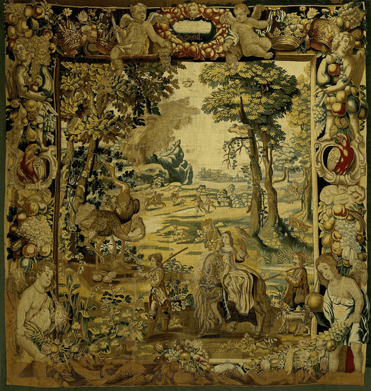 Regal Hunt Tapestry: Exquisite Celebration of Nature, Nobility, and Myth – A Masterpiece of Renaissance Craftsmanship for Your Home RE109289