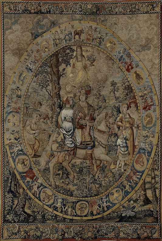 Zodiac and Seasons Tapestry Reproduction – A Majestic Dark Academia Allegory of Time, Nature, and Celestial Harmony RE109781