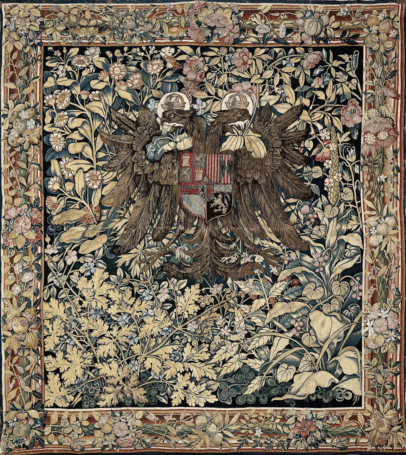 Handcrafted Imperial Double-Headed Eagle Tapestry: A Majestic Millefleurs Design with Regal Symbolism, Intricate Floral Border, and Medieval Craftsmanship – Perfect for Elevating Home Décor with Historical Grandeur RE122056