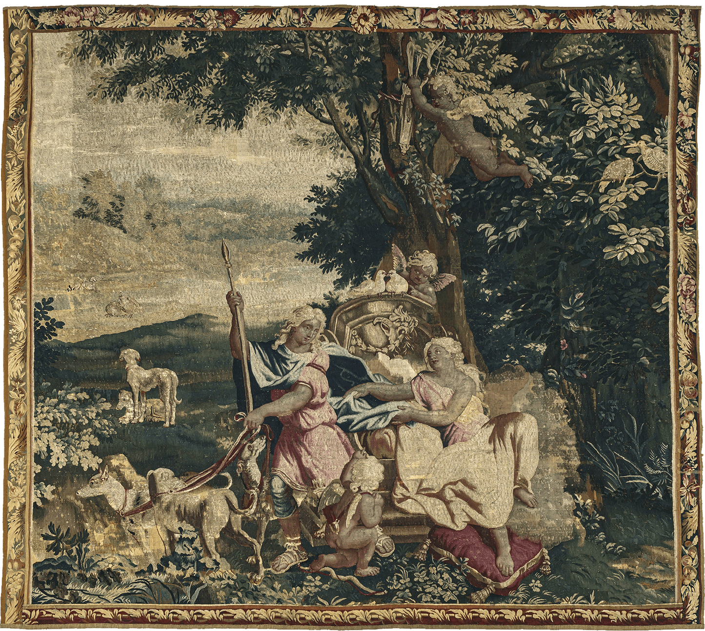 Flemish Pastoral Tapestry Reproduction - Romantic Woodland Scene with Classical Lovers and Cherubs - Ideal for Elegant and Classic Interior Decor RE124563