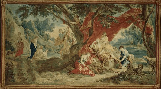 17th Century Pastoral Romance Tapestry Reproduction: A Serene Woodland Scene with Noble Figures, Lavish Drapery, and Hunting Hounds in a Classical Allegory RE151479