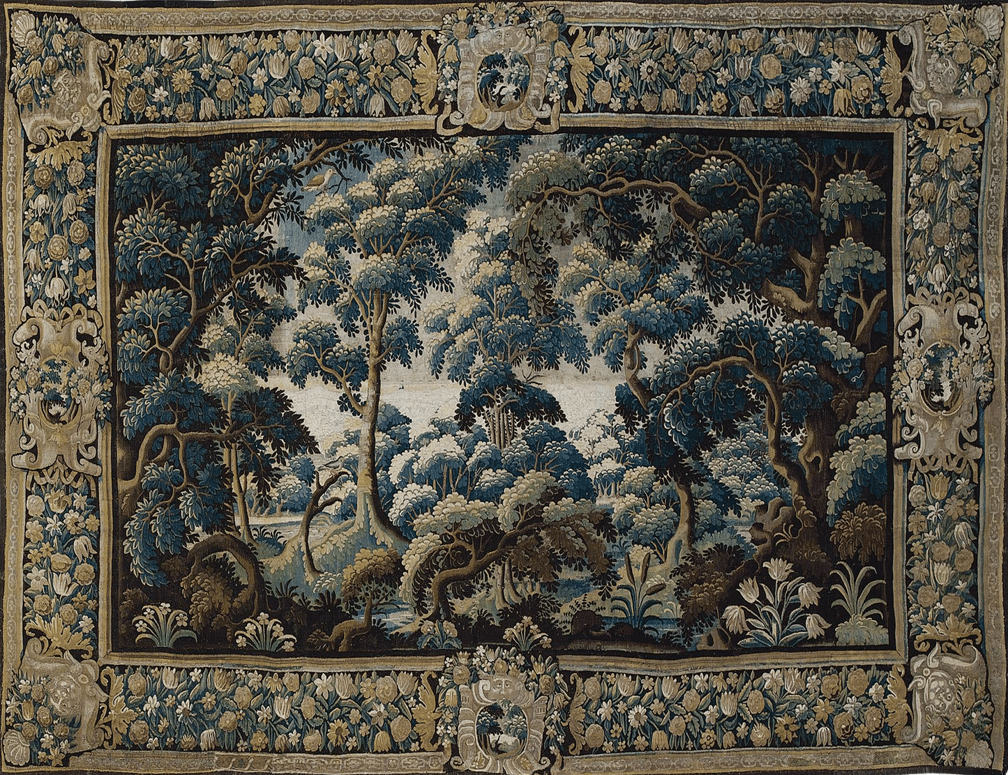 Timeless Verdure Dark Woodland Tapestry: Lush Forest Landscape with Classical Floral Border RE152943