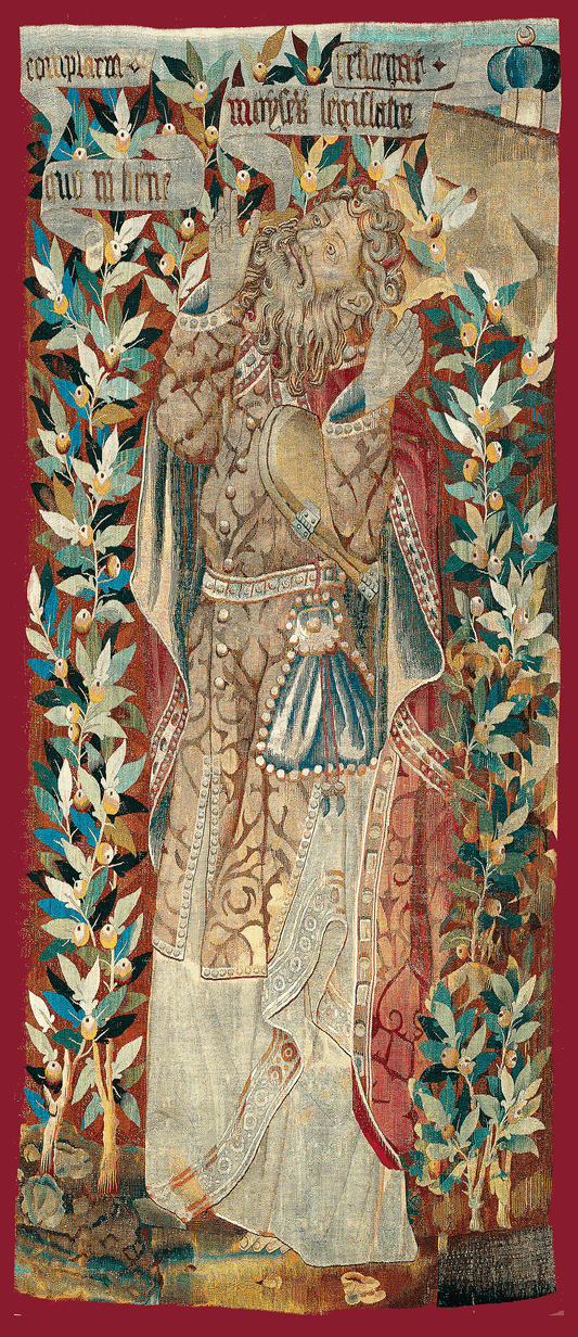 Moses Lifting His Hands - Intricate 15th Century Tapestry Depiction of the Biblical Prophet Amidst Foliage RE161031