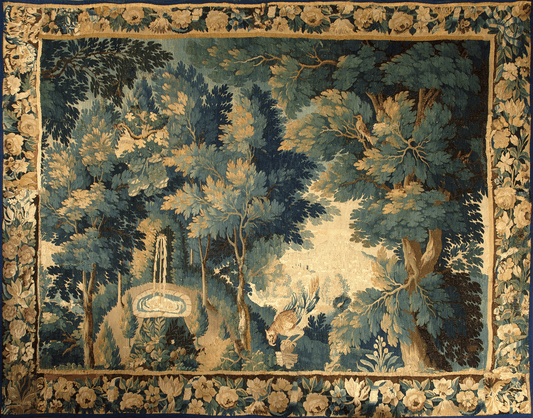 Do Come into Serenity with a Verdure Tapestry: Lush Woodland Scene with Fountain and Exotic Birds RE173518