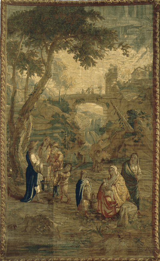 17th Century Pastoral Scene Tapestry Reproduction: A Serene Village Gathering by a Waterfall and Stone Bridge in a Verdant Countryside RE175696