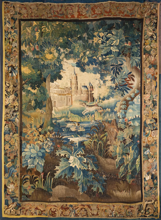 Bring Noble Beauty Home: Verdant Forest and Castle Scene – A Faithful Reproduction of a 17th-Century Flemish Verdure Tapestry RE188662