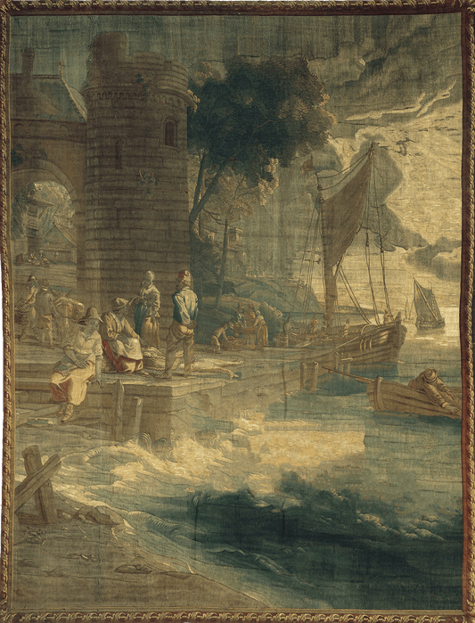 17th Century Maritime Tapestry Reproduction: A Coastal Harbor Scene Depicting Towering Fortifications, Ships at Port, and Seafarers Amidst Crashing Waves RE193543