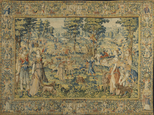 Exquisite Tapestry of Royal Game Scene: A 17th Century Verdure Masterpiece Featuring Intricate Woodland Detailing and Noble Figures in Aristocratic Splendor RE202408