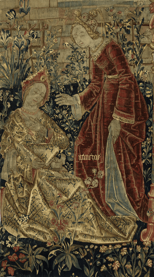 Exquisite 15th Century Courtly Love Scene: A Masterfully Detailed Medieval Tapestry Reproduction Celebrating Romance and Maternal Nobility RE203983