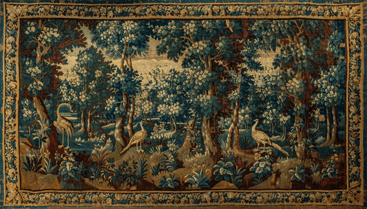 Woodland Sanctuary: A Lush Verdure Tapestry with Peacocks and Herons – Inspired by 17th Century Masterpieces RE211827